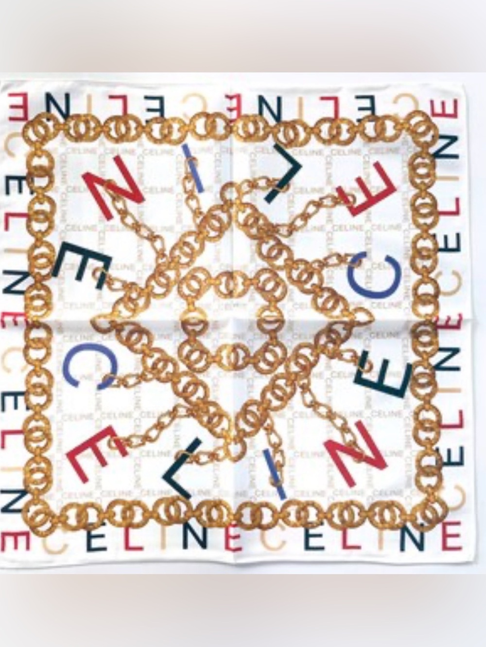 🍂Celine White Scarf with Gold Chain Motif and Multicolor Letters🍂